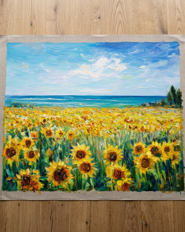 Golden Days hand-painted original as unrolled canvas on studio table, shown without frame