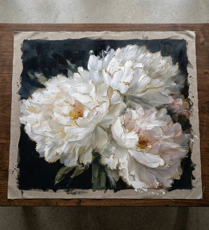 Golden Edge Blooms hand-painted original as unrolled canvas on studio table, shown without frame
