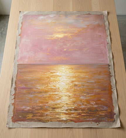 Golden Horizon hand-painted original as unrolled canvas on studio table, shown without frame