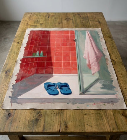 Holiday Vibe hand-painted original as unrolled canvas on studio table, shown without frame