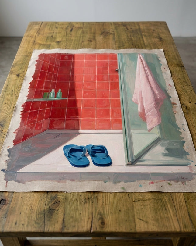 Holiday Vibe hand-painted original as unrolled canvas on studio table, shown without frame