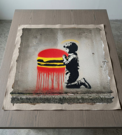 Holy Burger hand-painted original as unrolled canvas on studio table, shown without frame