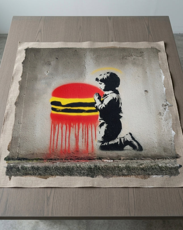 Holy Burger hand-painted original as unrolled canvas on studio table, shown without frame