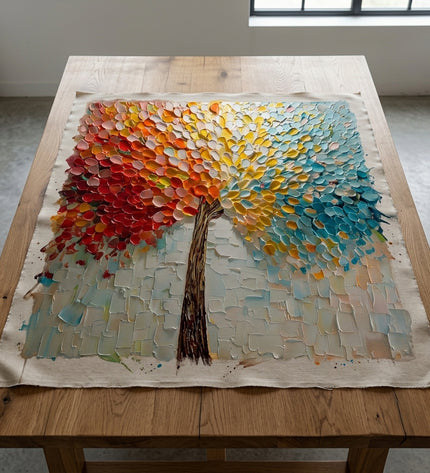 Joyful Tree hand-painted original as unrolled canvas on studio table, shown without frame