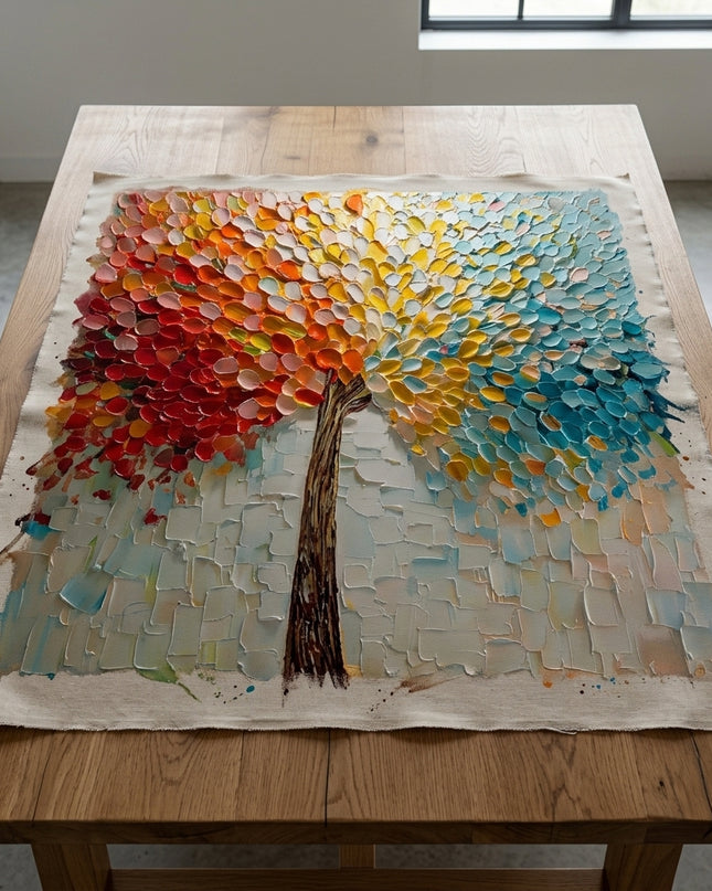 Joyful Tree hand-painted original as unrolled canvas on studio table, shown without frame