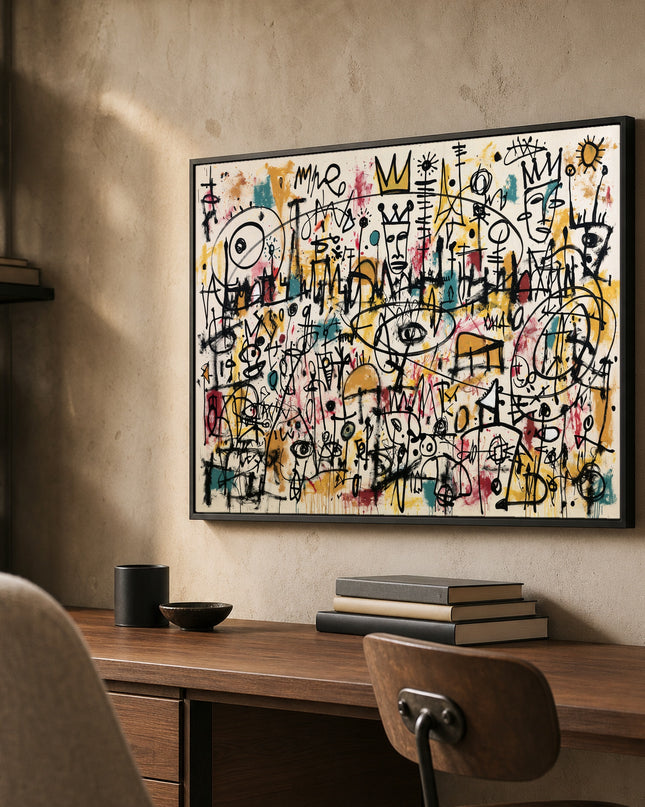 Kingdom of Signals side-angle view showing the black wooden frame and canvas depth