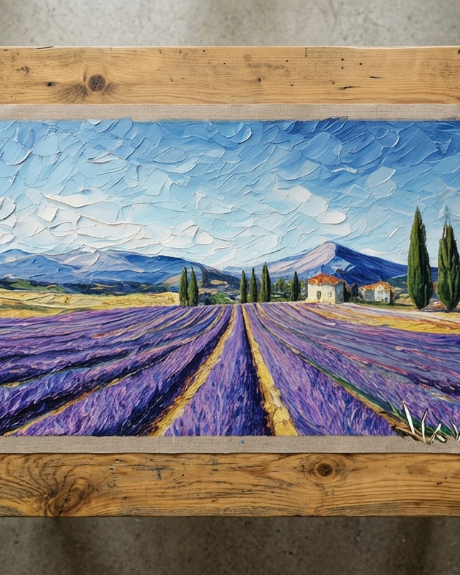 Lavender Pathway hand-painted original as unrolled canvas on studio table