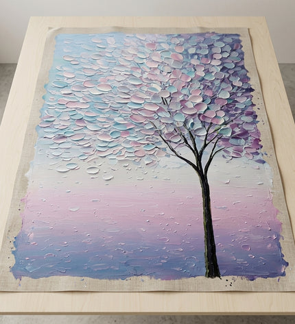 Lavender Petals hand-painted original as unrolled canvas on studio table, shown without frame