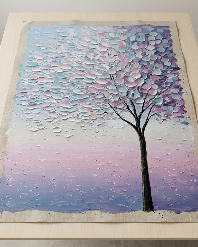 Lavender Petals hand-painted original as unrolled canvas on studio table, shown without frame