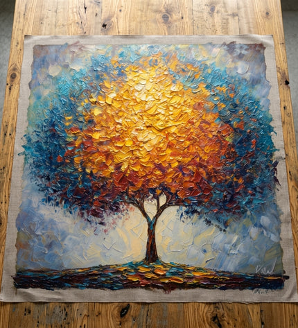 Legacy Tree hand-painted original as unrolled canvas on studio table, shown without frame