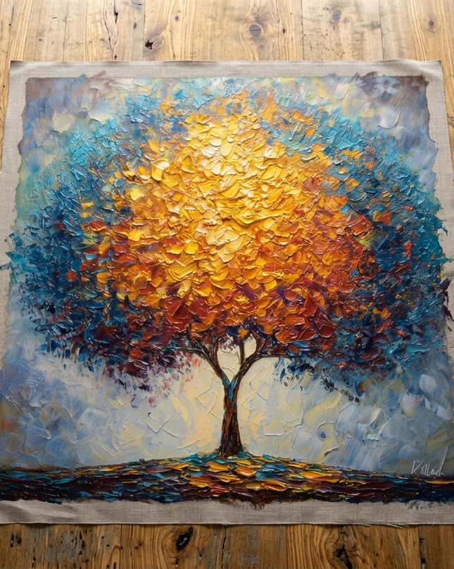 Legacy Tree hand-painted original as unrolled canvas on studio table, shown without frame