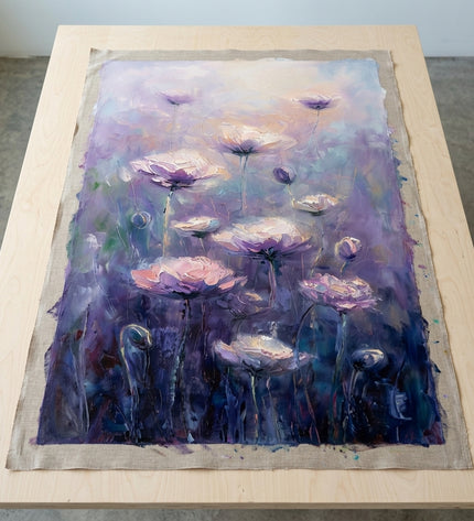 Lilac Serenade hand-painted original as unrolled canvas on studio table, shown without frame