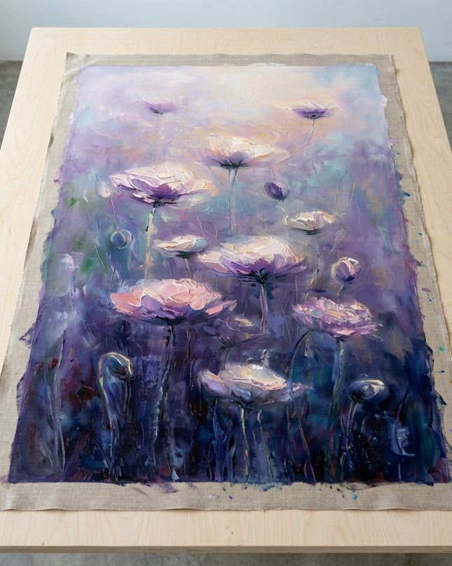 Lilac Serenade hand-painted original as unrolled canvas on studio table, shown without frame