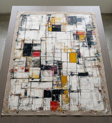 Living Structures hand-painted original as unrolled canvas on studio table, shown without frame