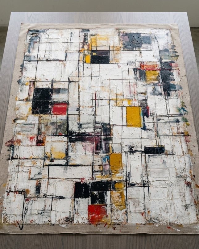 Living Structures hand-painted original as unrolled canvas on studio table, shown without frame