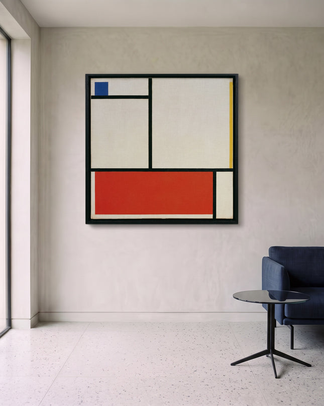 Long Red Pause on a stone-gray wall beside a navy sofa