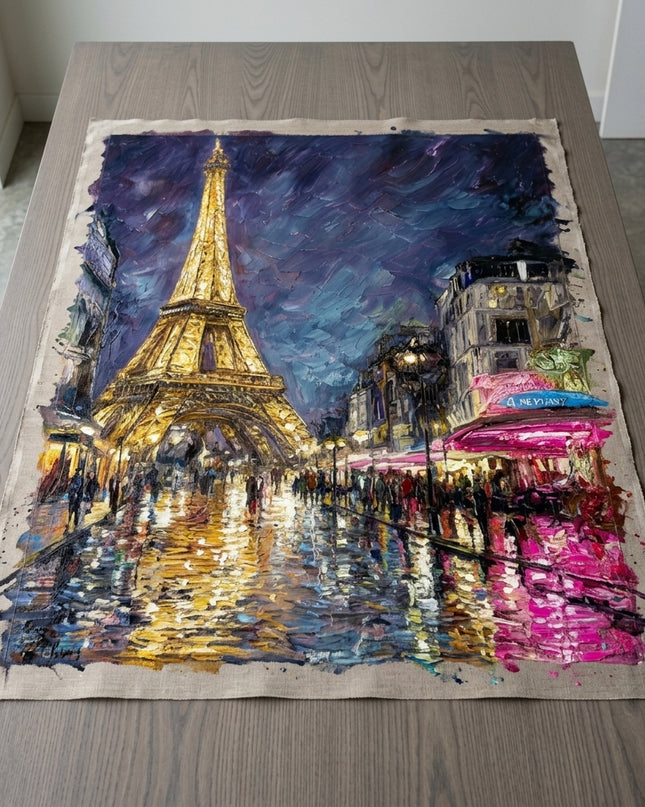 Love in Paris hand-painted original as unrolled canvas on studio table, shown without frame