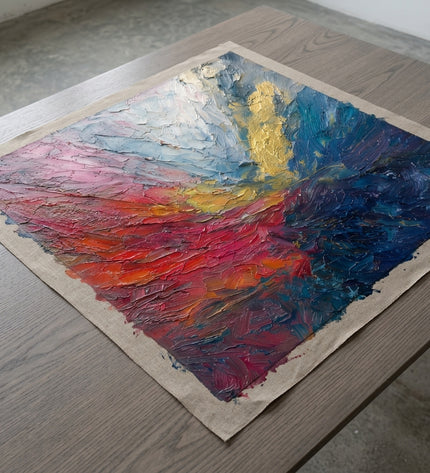 Luminous Tide hand-painted original as unrolled canvas on studio table, shown without frame