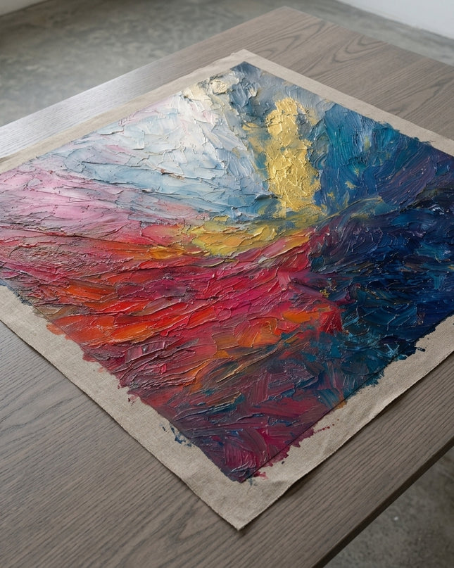 Luminous Tide hand-painted original as unrolled canvas on studio table, shown without frame
