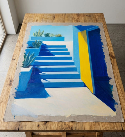 Mediterranean Gate hand-painted original as unrolled canvas on studio table, shown without frame