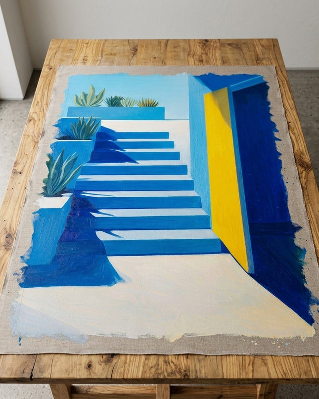 Mediterranean Gate hand-painted original as unrolled canvas on studio table, shown without frame