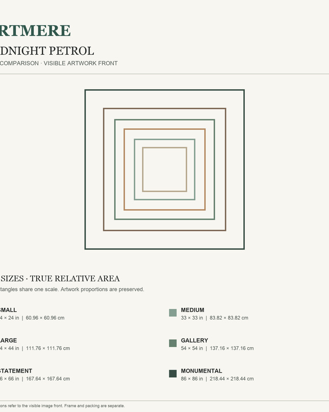 Midnight Petrol — six square sizes in centimeters and inches