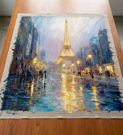 Midnight in Paris hand-painted original as unrolled canvas on studio table, shown without frame