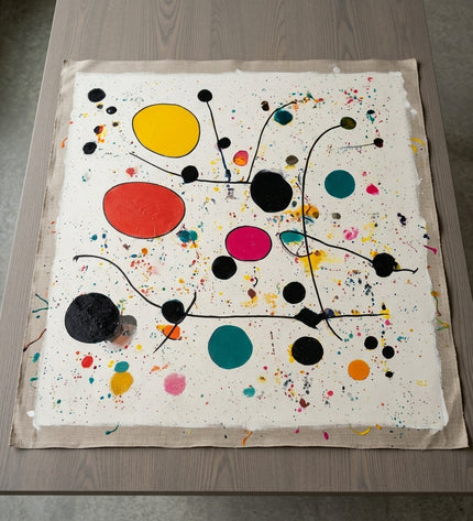 Molecules of Happiness hand-painted original as unrolled canvas on studio table, shown without frame