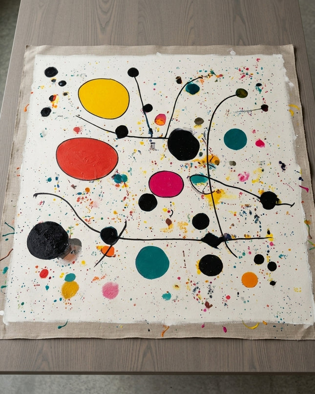 Molecules of Happiness hand-painted original as unrolled canvas on studio table, shown without frame
