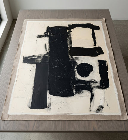 Monochrome Balance hand-painted original as unrolled canvas on studio table, shown without frame