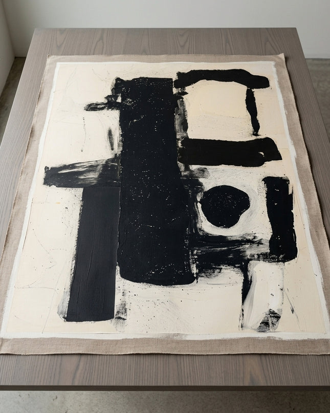 Monochrome Balance hand-painted original as unrolled canvas on studio table, shown without frame