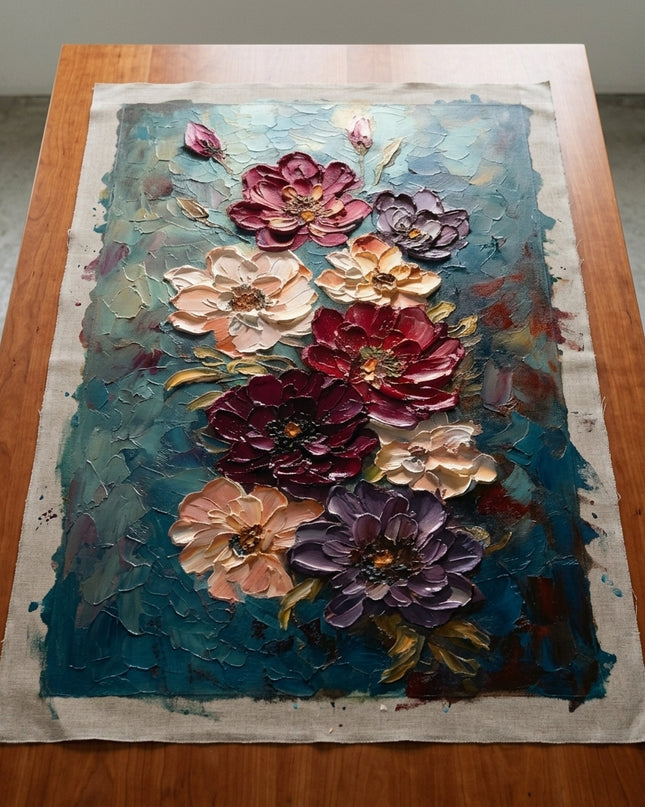 Moonlit Bouquet hand-painted original as unrolled canvas on studio table, shown without frame