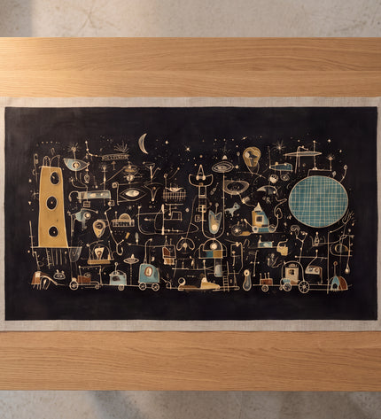 Moonlit Machines as an unframed canvas lying flat on an oak table