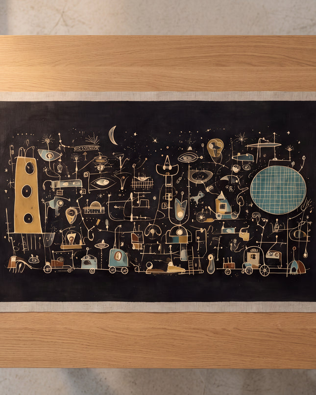 Moonlit Machines as an unframed canvas lying flat on an oak table