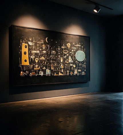 Moonlit Machines lit by gallery spotlights on a charcoal wall