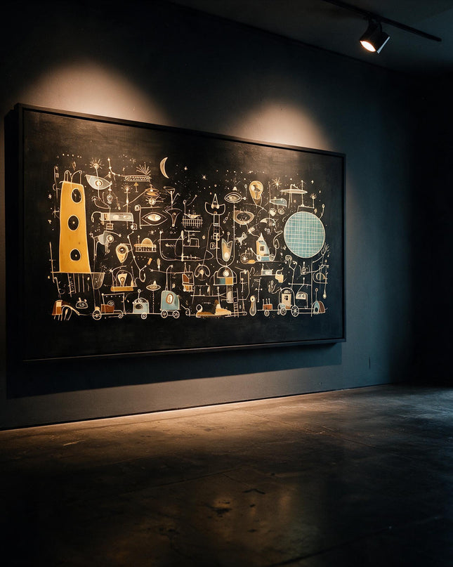 Moonlit Machines lit by gallery spotlights on a charcoal wall