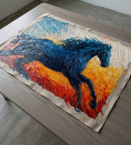 Morning Rider hand-painted original as unrolled canvas on studio table, shown without frame