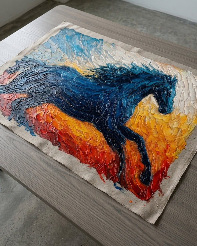 Morning Rider hand-painted original as unrolled canvas on studio table, shown without frame