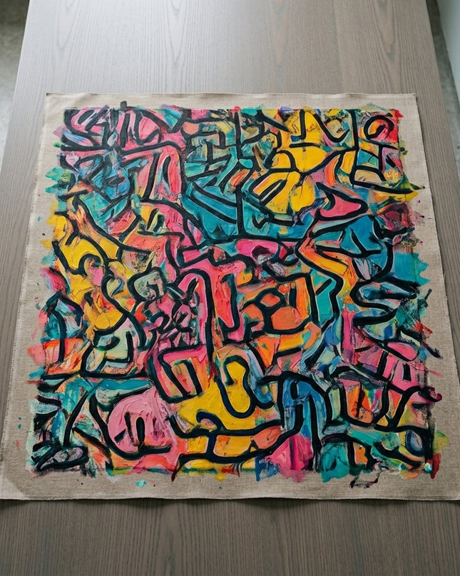 Mosaic of Energy hand-painted original as unrolled canvas on studio table, shown without frame
