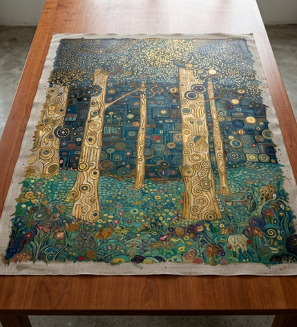 Mystic Woodland hand-painted original as unrolled canvas on studio table, shown without frame
