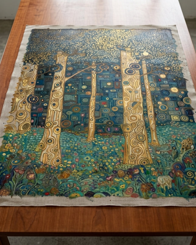 Mystic Woodland hand-painted original as unrolled canvas on studio table, shown without frame