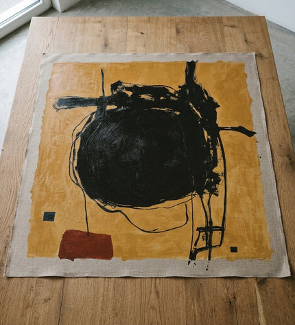 Obsidian Orbit hand-painted original as unrolled canvas on studio table, shown without frame