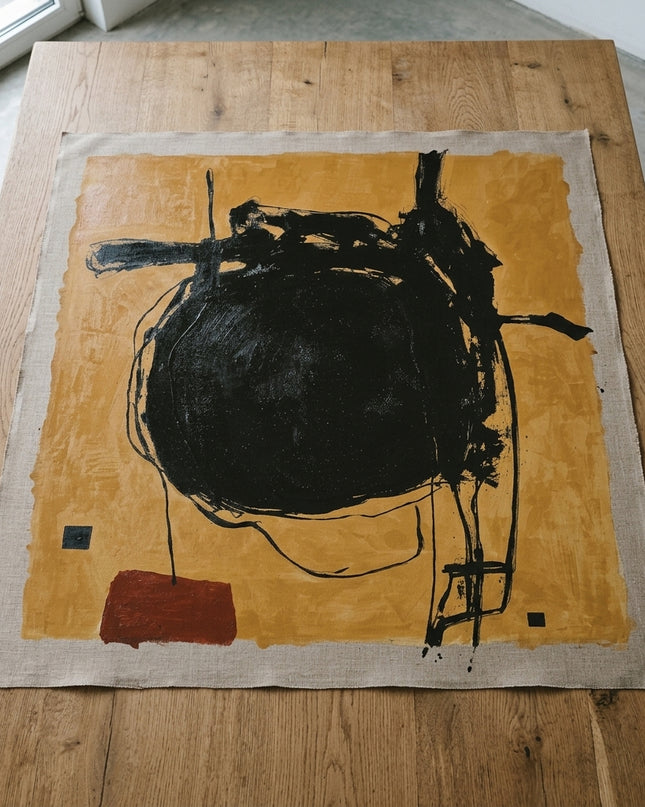 Obsidian Orbit hand-painted original as unrolled canvas on studio table, shown without frame
