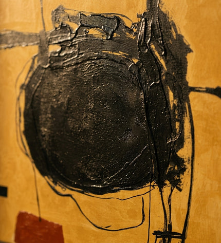 Obsidian Orbit close-up, raking light across impasto brushstrokes