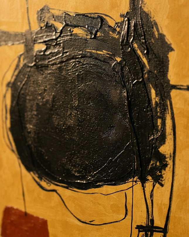 Obsidian Orbit close-up, raking light across impasto brushstrokes