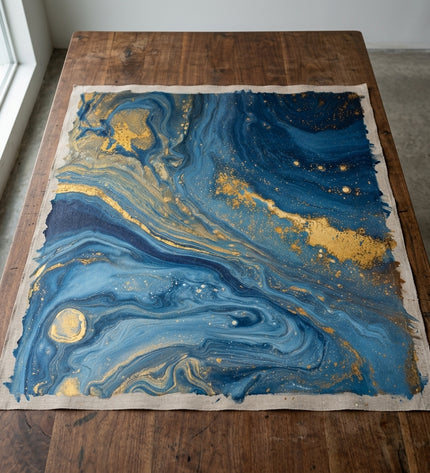 Ocean of Stars hand-painted original as unrolled canvas on studio table, shown without frame