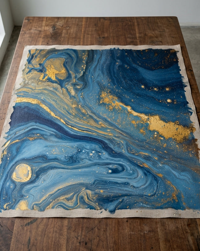 Ocean of Stars hand-painted original as unrolled canvas on studio table, shown without frame