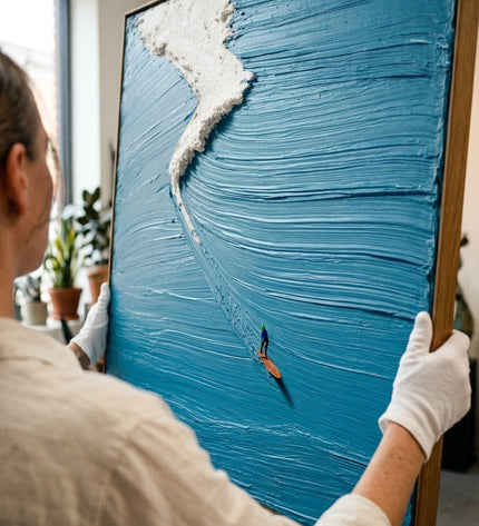 Art handler presenting Pacific Drop large format original painting