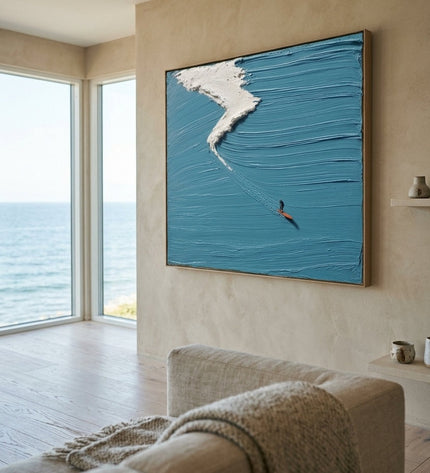 Pacific Drop original hand-painted surf art in coastal living room