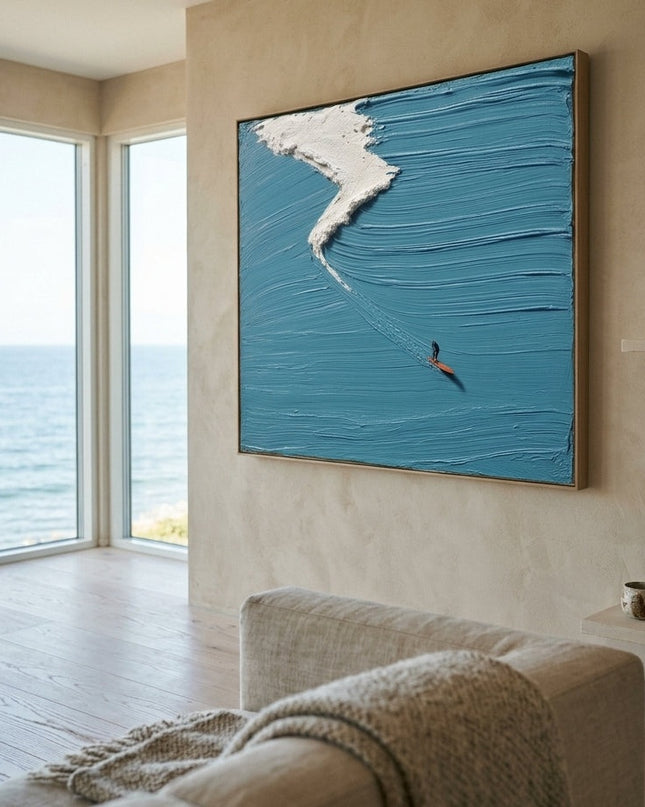 Pacific Drop original hand-painted surf art in coastal living room